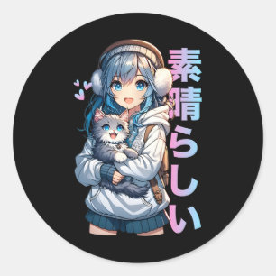 Sticker Rond Mignonne Anime Girl Avec Un Chat Pour Amoureux des