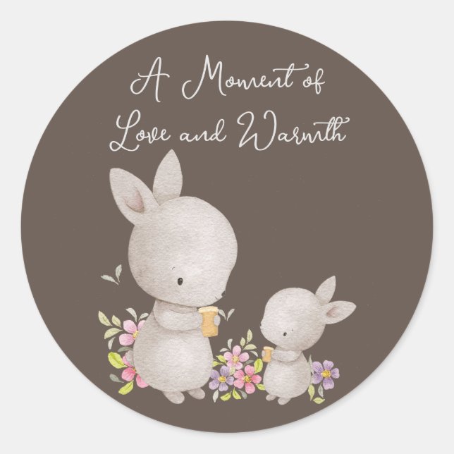 Sticker Rond Mignonne Aquarelle Maman et Bébé lapins (Devant)