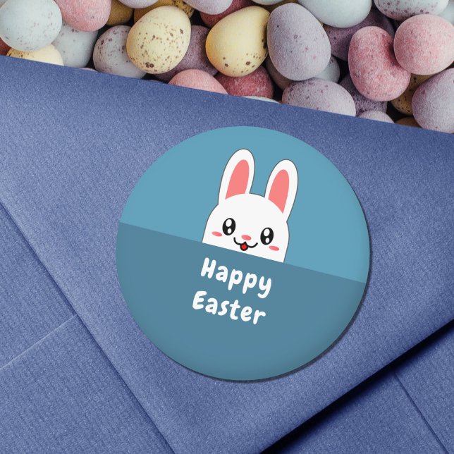 Sticker Rond Mignonne Bunny Pâques (Cute Bunny Easter Blue Sticker)