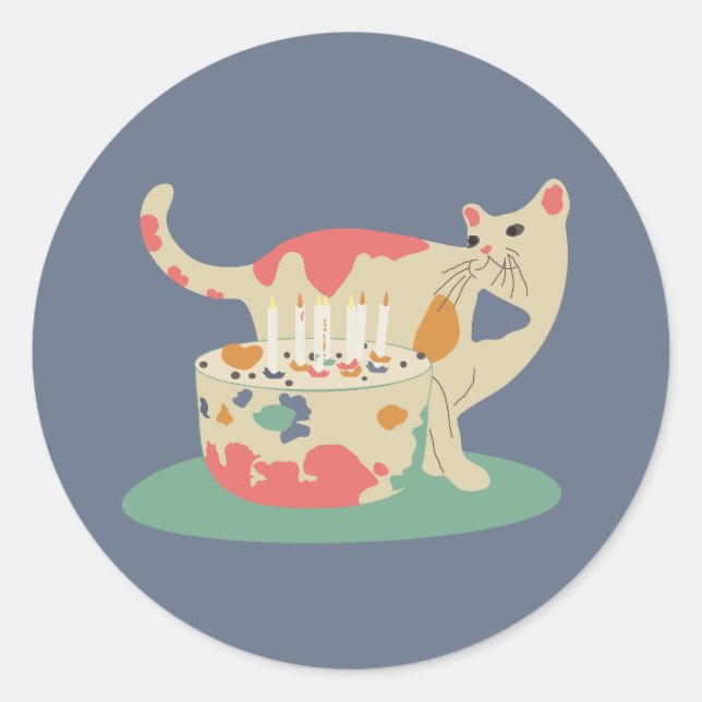 Sticker Rond Mignonne chat près du gâteau fêté (Devant)
