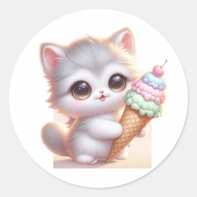 Sticker Rond mignonne chaton avec cône de crème glacée (Devant)