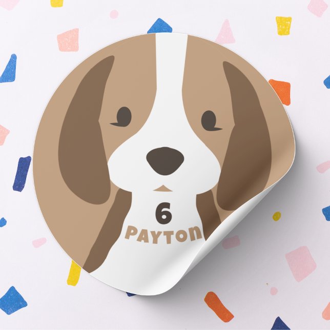 Sticker Rond Mignonne Chien Chien Âge et nom Fête d'anniversair (cute puppy dog birthday sticker with custom age and name)
