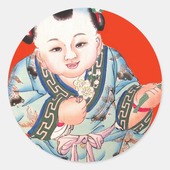 Sticker Rond Mignonne Chinois rire bon bouddha de chance sur ro (Devant)
