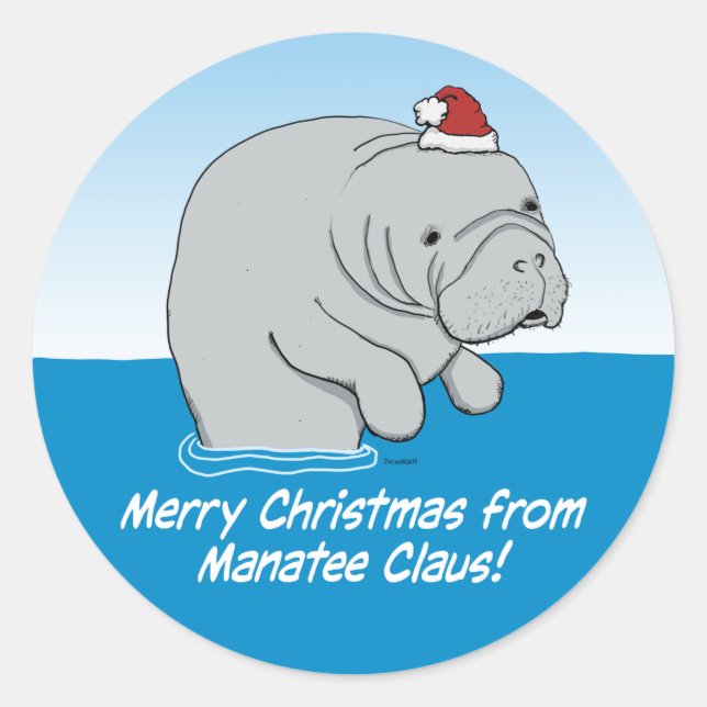Sticker Rond Mignonne et drôle Manatee Claus (Devant)