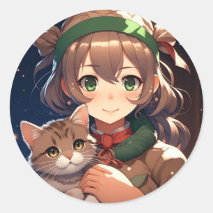 Sticker Rond Mignonne fille Anime tenant un Kitten Noël