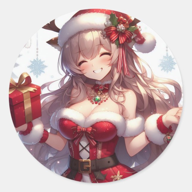 Sticker Rond mignonne fille de Noël anime (Devant)