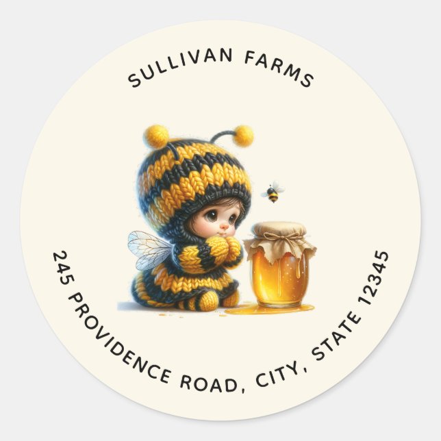 Sticker Rond Mignonne fille en costume d'abeille avec Honey Adr (Devant)