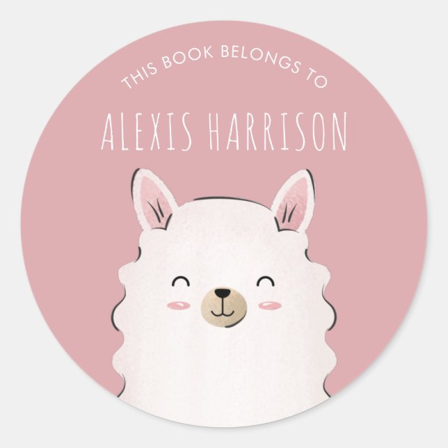 Sticker Rond Mignonne fille rose Heureuse Llama Nom de l'enfant (Devant)