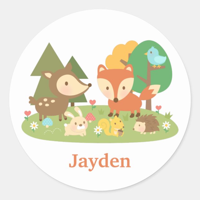 Sticker Rond Mignonne Forêt Boisée Animaux Pour Enfants (Devant)