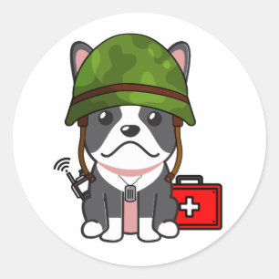 Sticker Rond Mignonne French BullDog portant un casque d'armée
