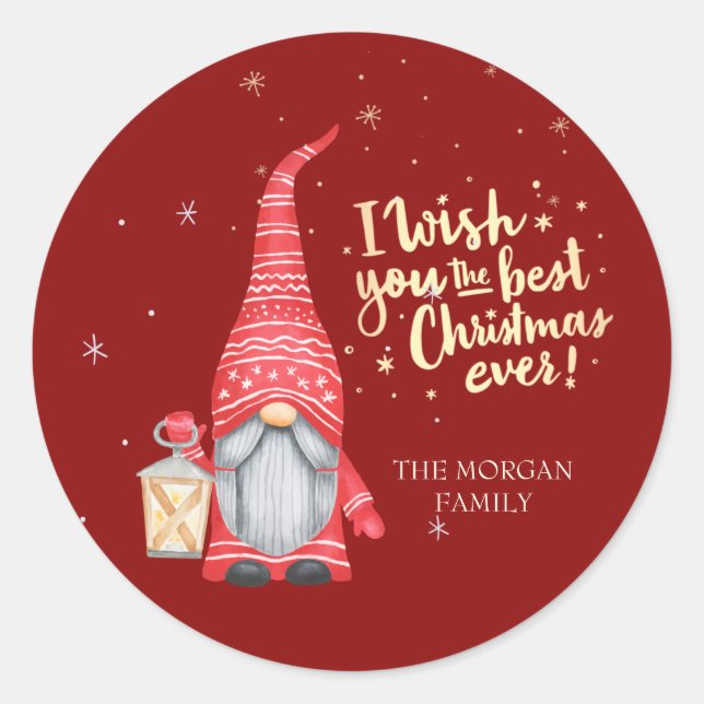 Sticker Rond Mignonne Gnome, Je Vous Souhaite Le Meilleur Noël  (Devant)