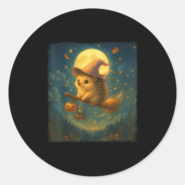Sticker Rond Mignonne Halloween Hérisson Broom Ride Avec Tion E (Devant)