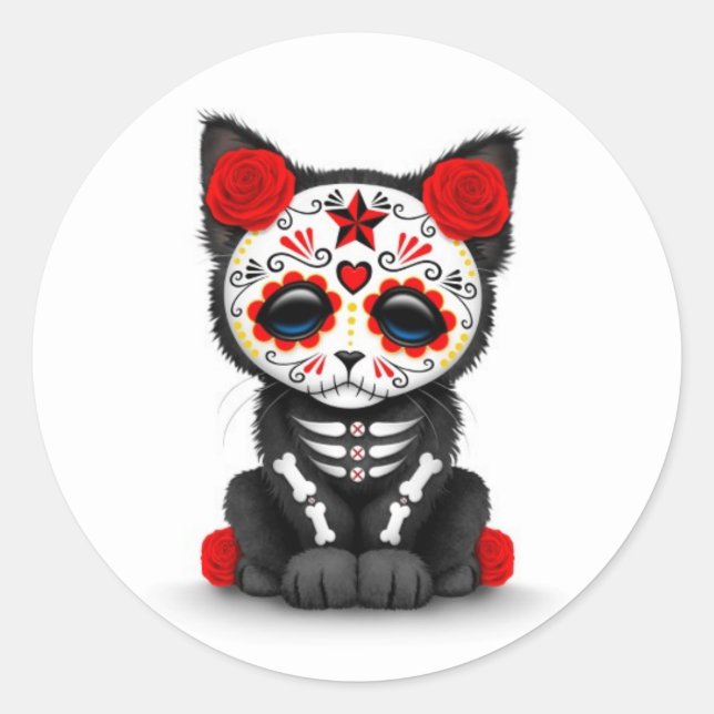 Sticker Rond Mignonne Journée Rouge du chat Kitten Mort, blanc (Devant)