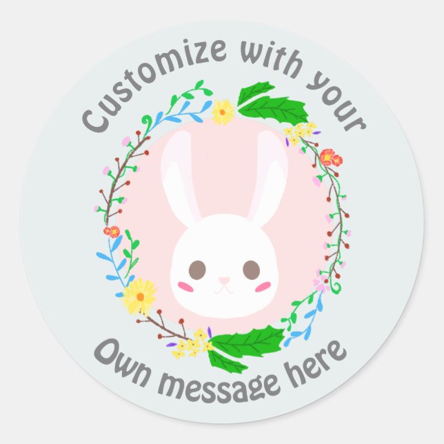 Sticker Rond Mignonne lapin de Pâques Face Fleur Wreath personn (Devant)