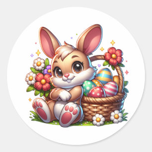 Sticker Rond Mignonne lapin de Pâques Whimsical avec panier