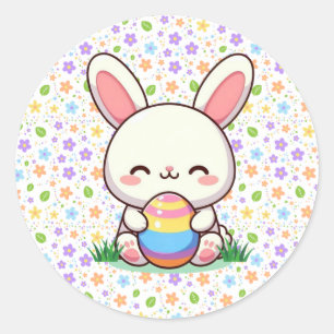 Sticker Rond Mignonne lapin de printemps/Pâques avec oeuf