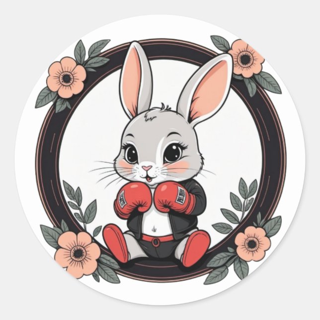 Sticker Rond Mignonne lapin en boîte avec fleurs (Devant)