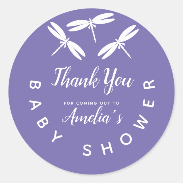 Sticker Rond Mignonne libellule Baby shower violet Merci (Devant)