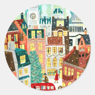 Sticker Rond Mignonne Londres City en Noël de neige