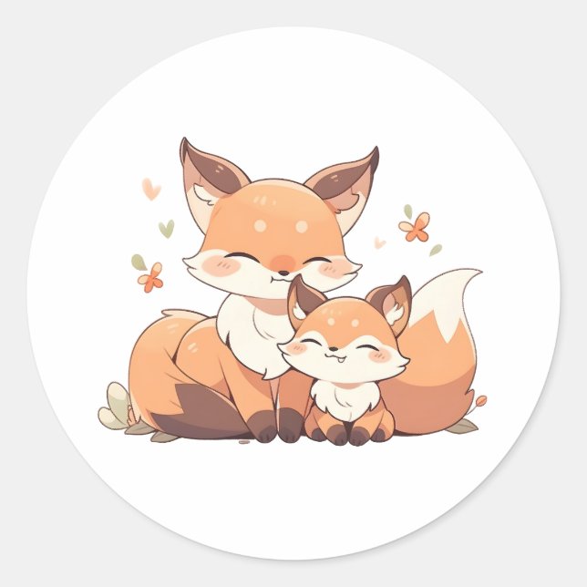 Sticker Rond Mignonne maman et bébé renard (Devant)