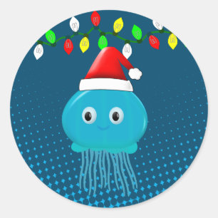 Sticker Rond Mignonne méduse caricature Santa Hat lumières de N
