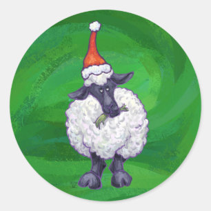 Sticker Rond Mignonne mouton à Santa Chapeau sur vert