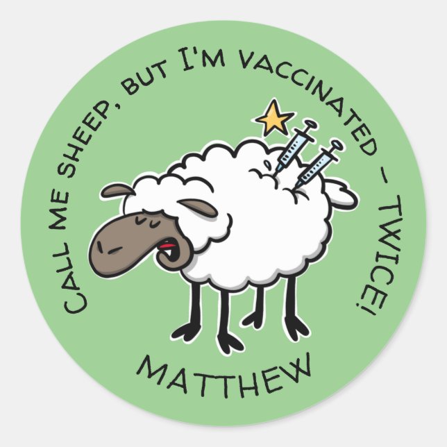 Sticker Rond Mignonne Mouton Cartoon Vacciné Deux Fois Avec Vot (Devant)