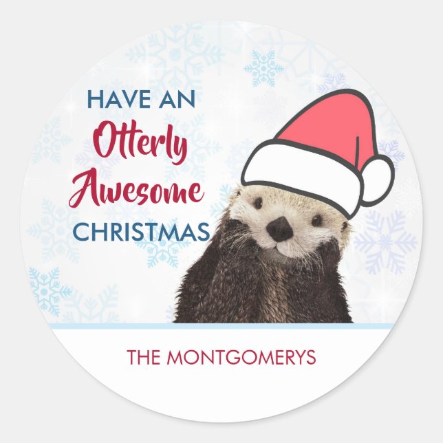 Sticker Rond Mignonne Otter portant un chapeau de Père Noël (Devant)