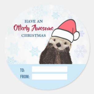 Sticker Rond Mignonne Otter portant un chapeau de Père Noël