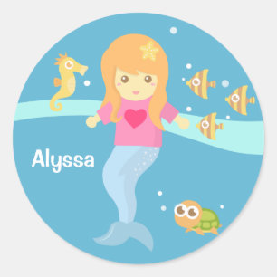 Sticker Rond Mignonne petite fille de sirène sous la mer