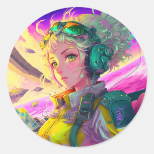 Sticker Rond Mignonne pilote Anime Girl