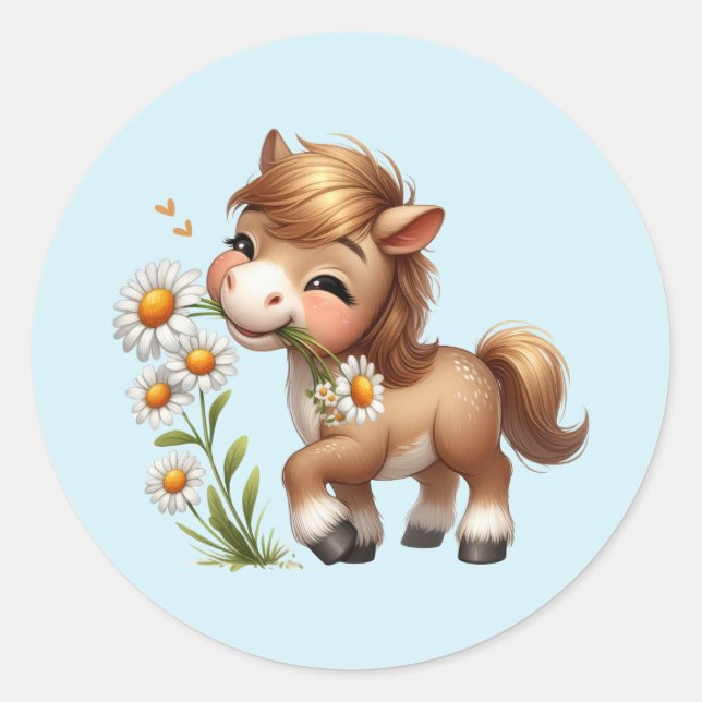 Sticker Rond Mignonne Pony Mange Manger Des Marguerites (Devant)