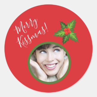 Sticker Rond Mignonne Romantique Photo Mistletoe "Kissmas"