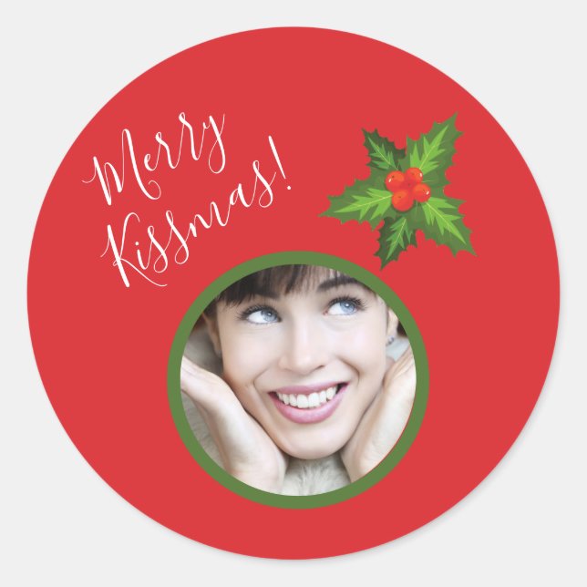 Sticker Rond Mignonne Romantique Photo Mistletoe "Kissmas" (Devant)