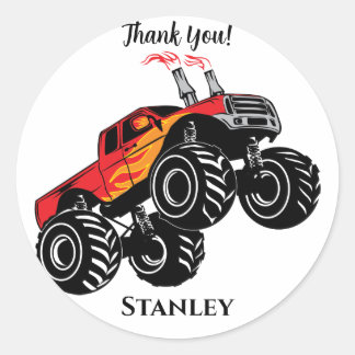 Sticker Rond Mignonne Rouge Noir Nom Monster Camion Merci