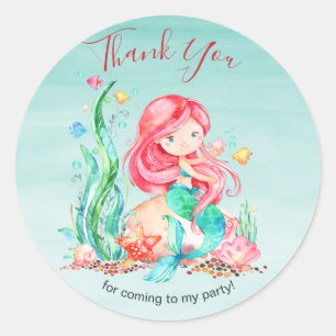 Sticker Rond Mignonne sirène d'aquarelle sous la mer Anniversai