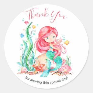 Sticker Rond Mignonne sirène d'aquarelle sous le Baby shower ma