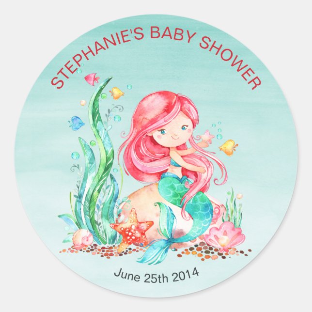Sticker Rond Mignonne sirène d'aquarelle sous le Baby shower ma (Devant)