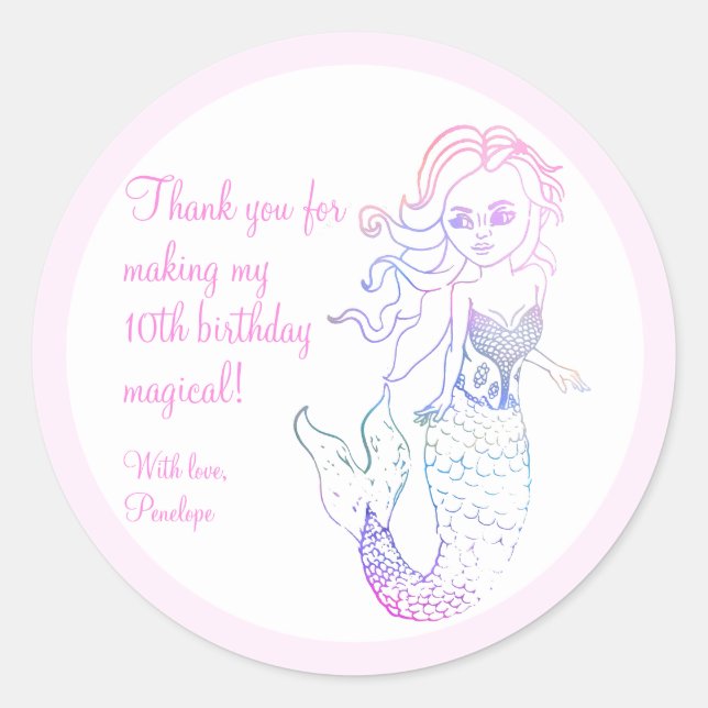 Sticker Rond Mignonne sirène rose Anniversaire Merci de fête Fa (Devant)