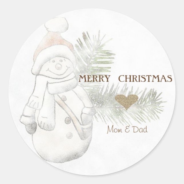 Sticker Rond Mignonne Snowman, Chapeau de Père Noël, Coeur d'or (Devant)