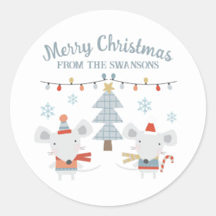 Sticker Rond Mignonne souris et arbre de Noël