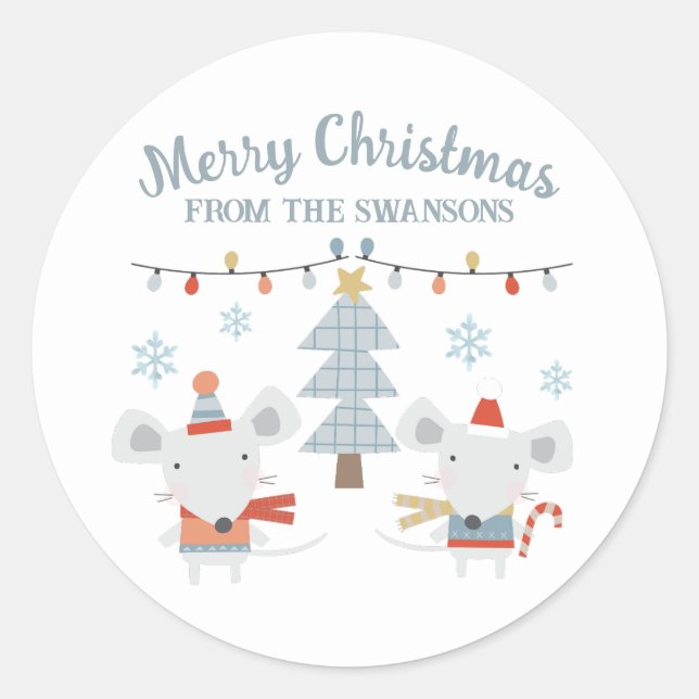 Sticker Rond Mignonne souris et arbre de Noël (Devant)