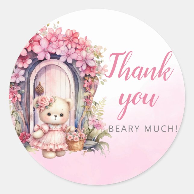 Sticker Rond mignonne Teddy Bear Girl Baby shower rose Merci (Devant)