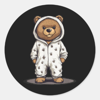 Sticker Rond Mignonne Tenue D'Ours De Pyjama Et Ours En Teddy