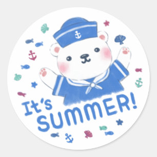 Sticker Rond Mignonne voile d'ours polaire en été Illustration