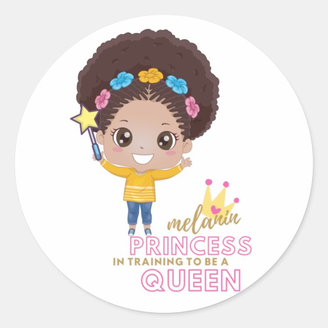 Sticker Rond Mignonnes Filles Melanin Princesse Entraînement Po (Devant)