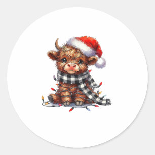 Sticker Rond Mignons feux de Noël Vache Highland Funny Noël