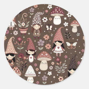 Sticker Rond Mignons Gnomes et Champignons Fantaisistes  