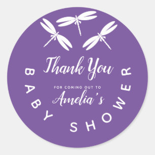 Sticker Rond Mignons libellules violet Baby shower Merci Cla