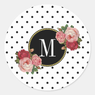 Sticker Rond Mignons Noir Blanc Points Vintage Floral Or Monogr